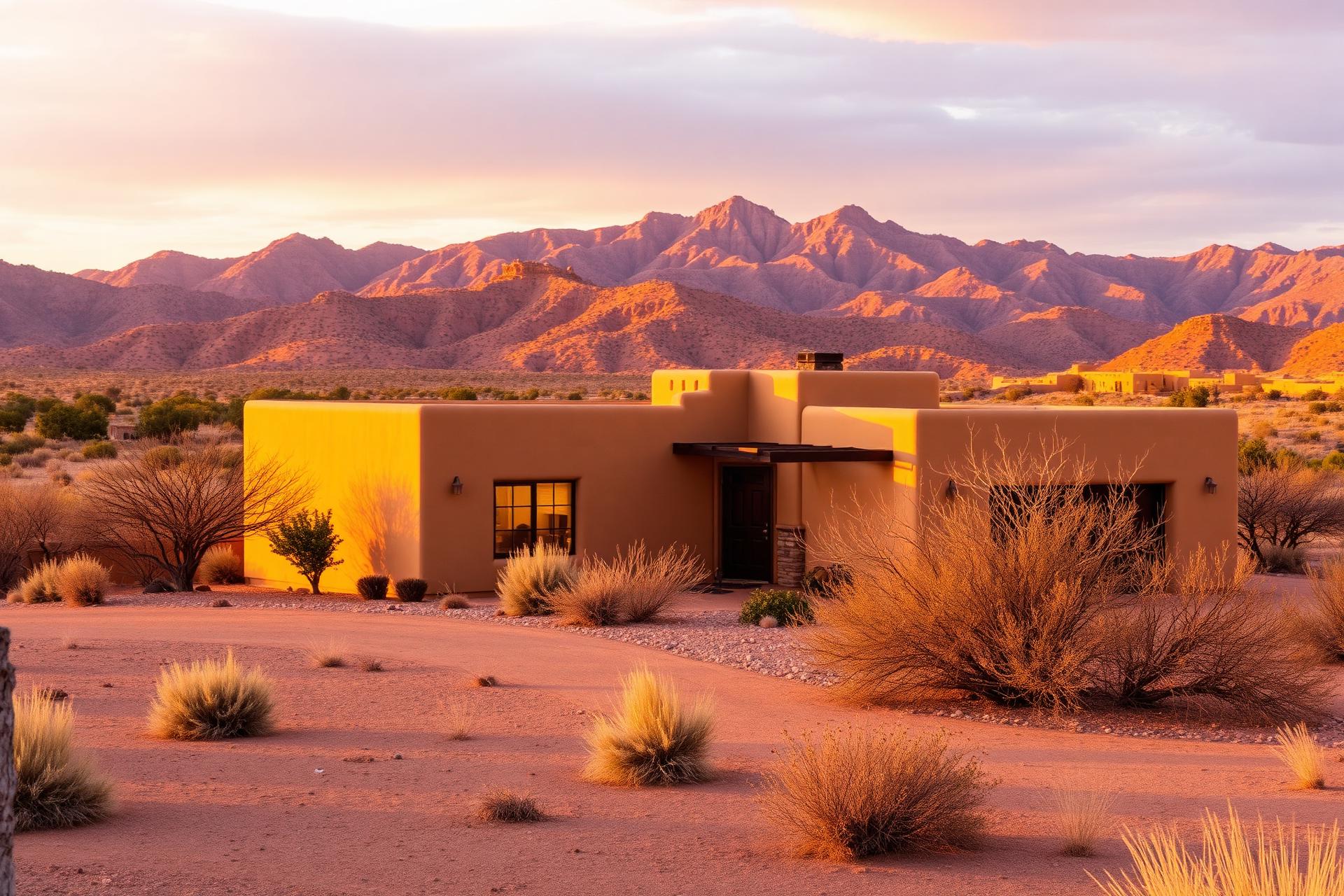 Adobe home at golden hour with Sandia mountains